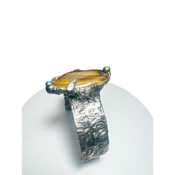 Handcrafted Brutalist Silver Bracelet W Tigers Eye Cabochon Stone Adjustable Fit - Picture 7 of 13